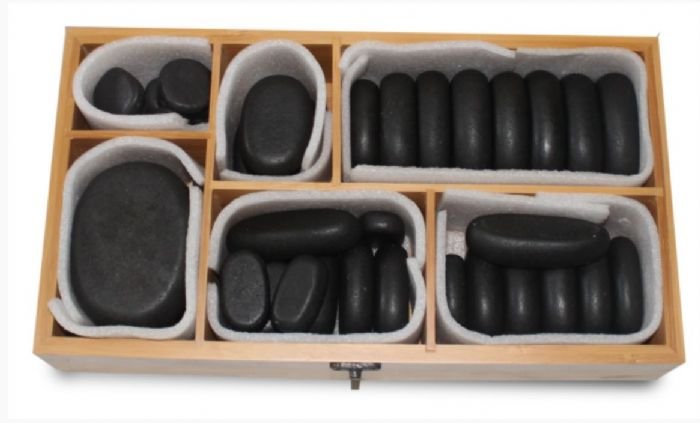 ערכת 40 אבנים חמות בארגז עץ עם ווקס (ערכה כבדה)