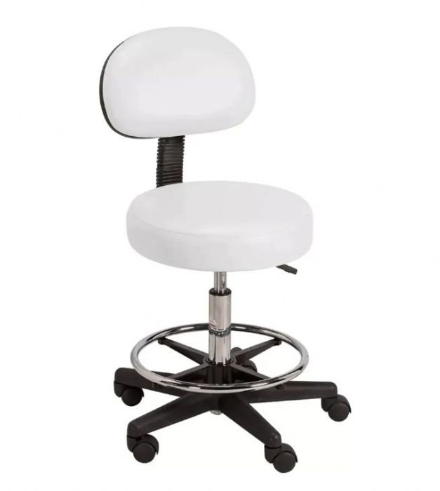 כיסא פנאומטי עגול עם משענת גב וחישוק למטפלים צבע לבן