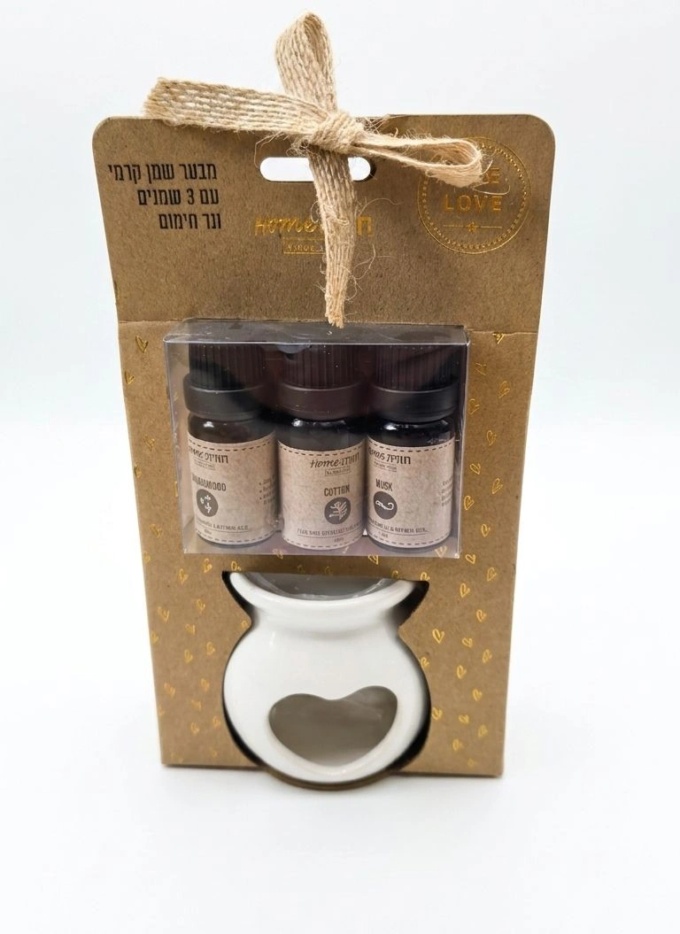 סט מבער שמן קרמי עם 3 שמנים ונר חימום